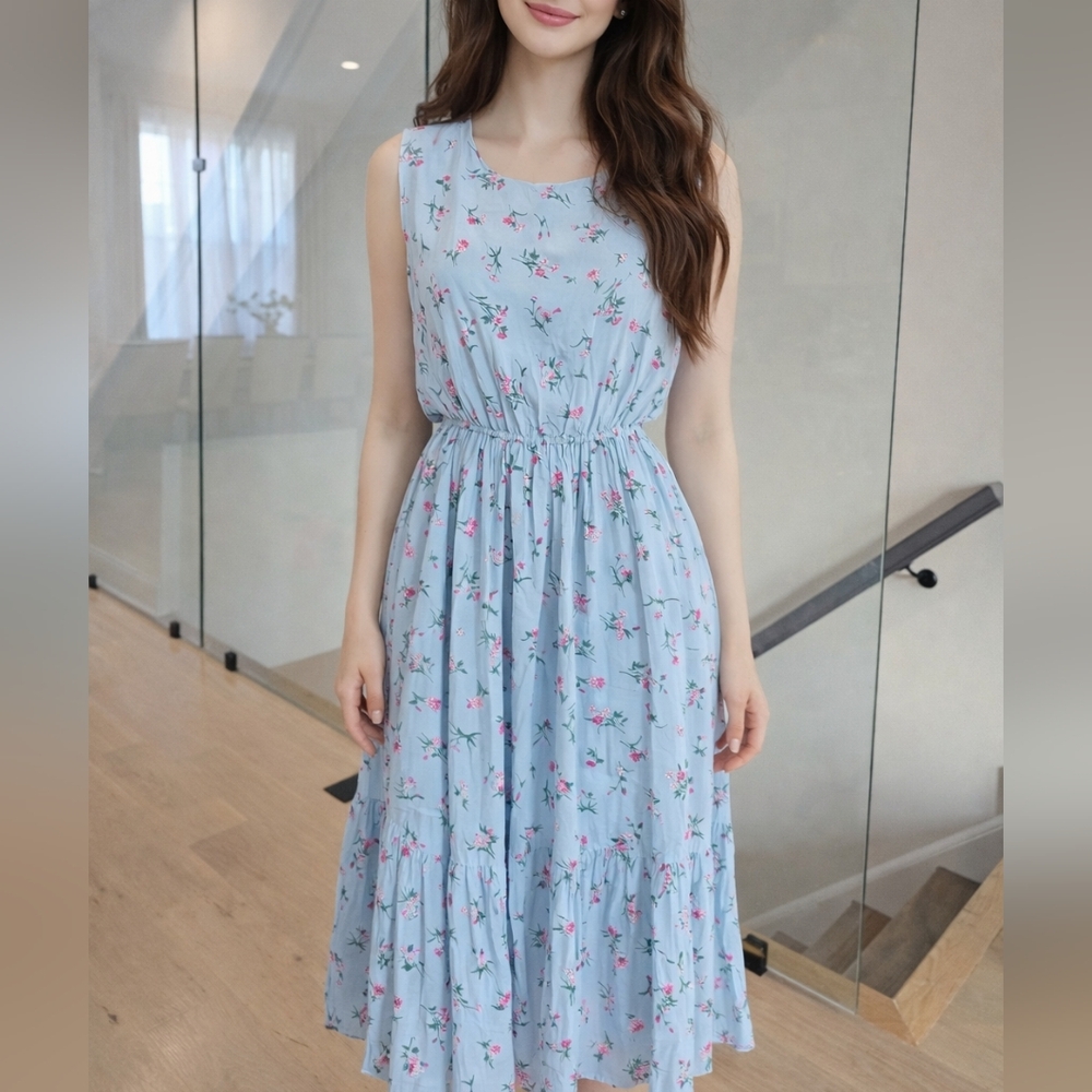 Floral Blue Sleeveless Dress